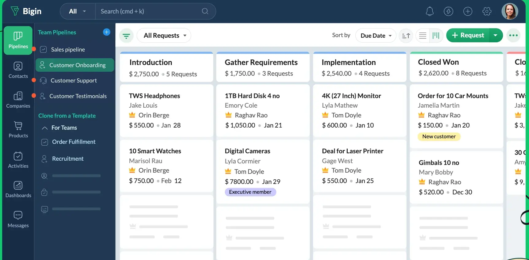 contact management system example: a screenshot of bigin's crm