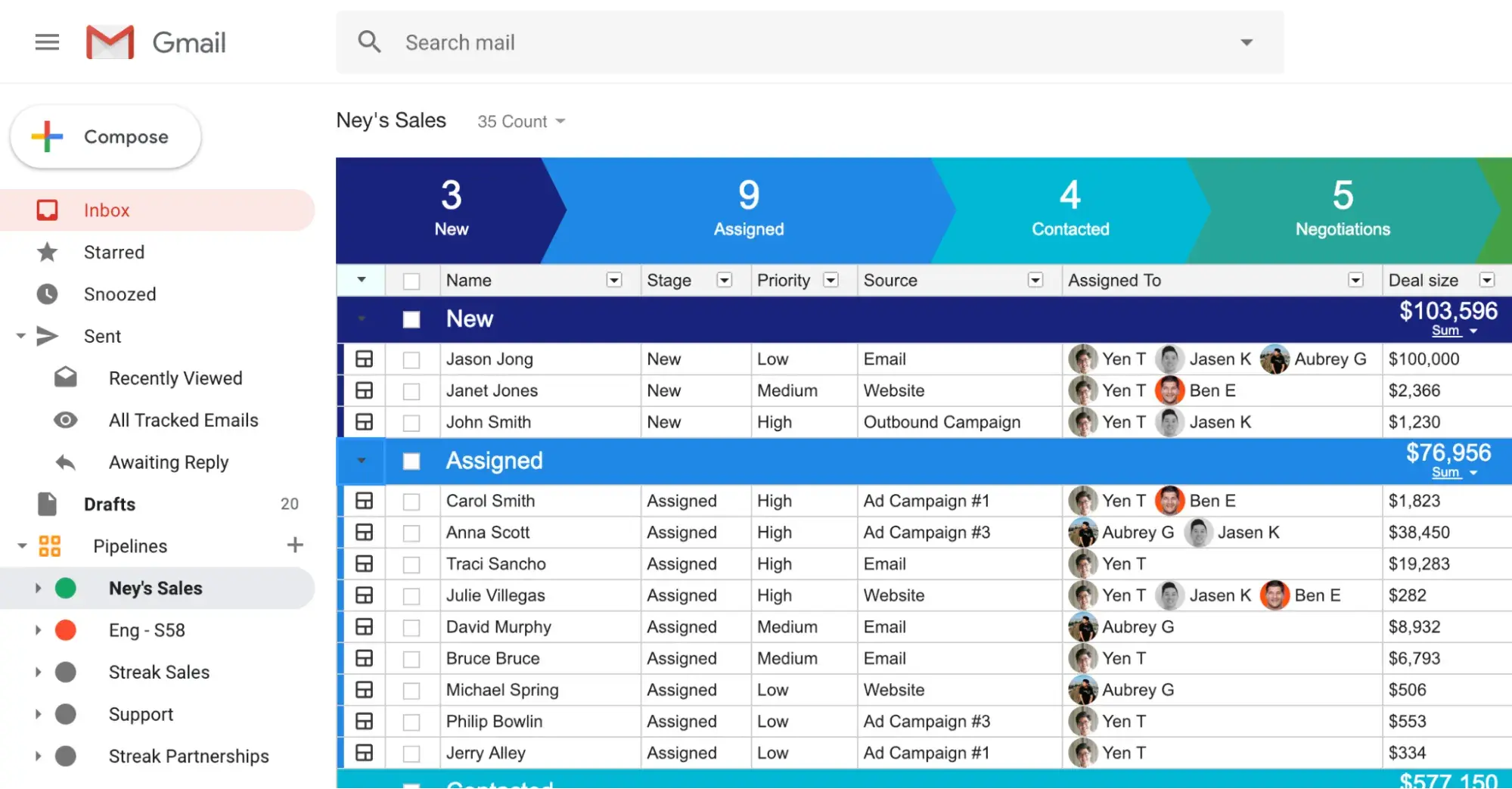 contact management system example: streak's contact management software dashboard