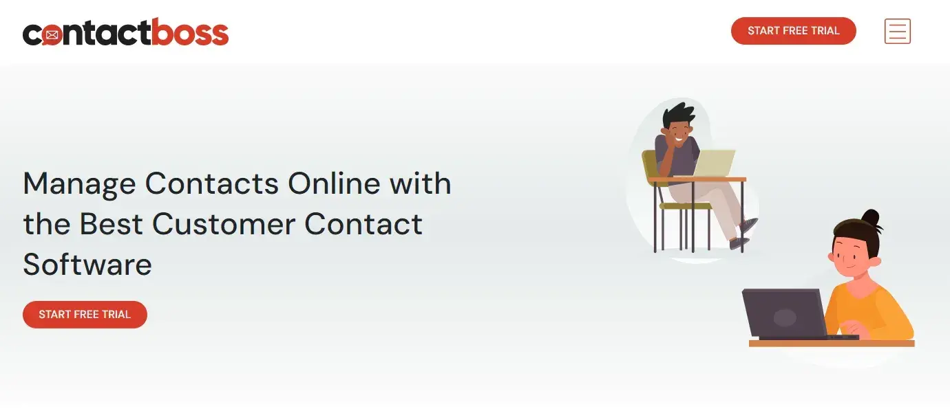 contact management system example: screenshot of contact boss landing page