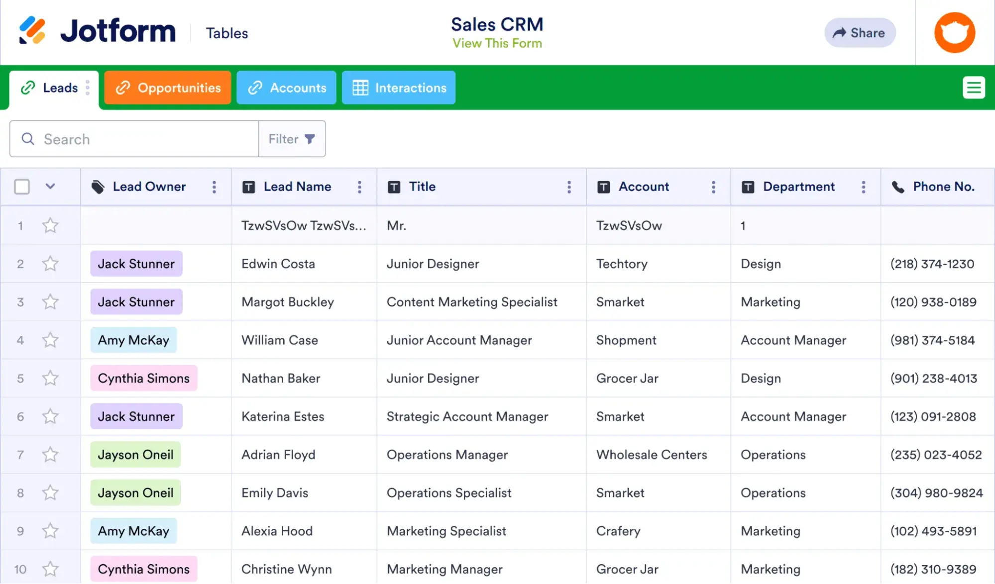 contact management system example: jotform’s sales crm template screenshot