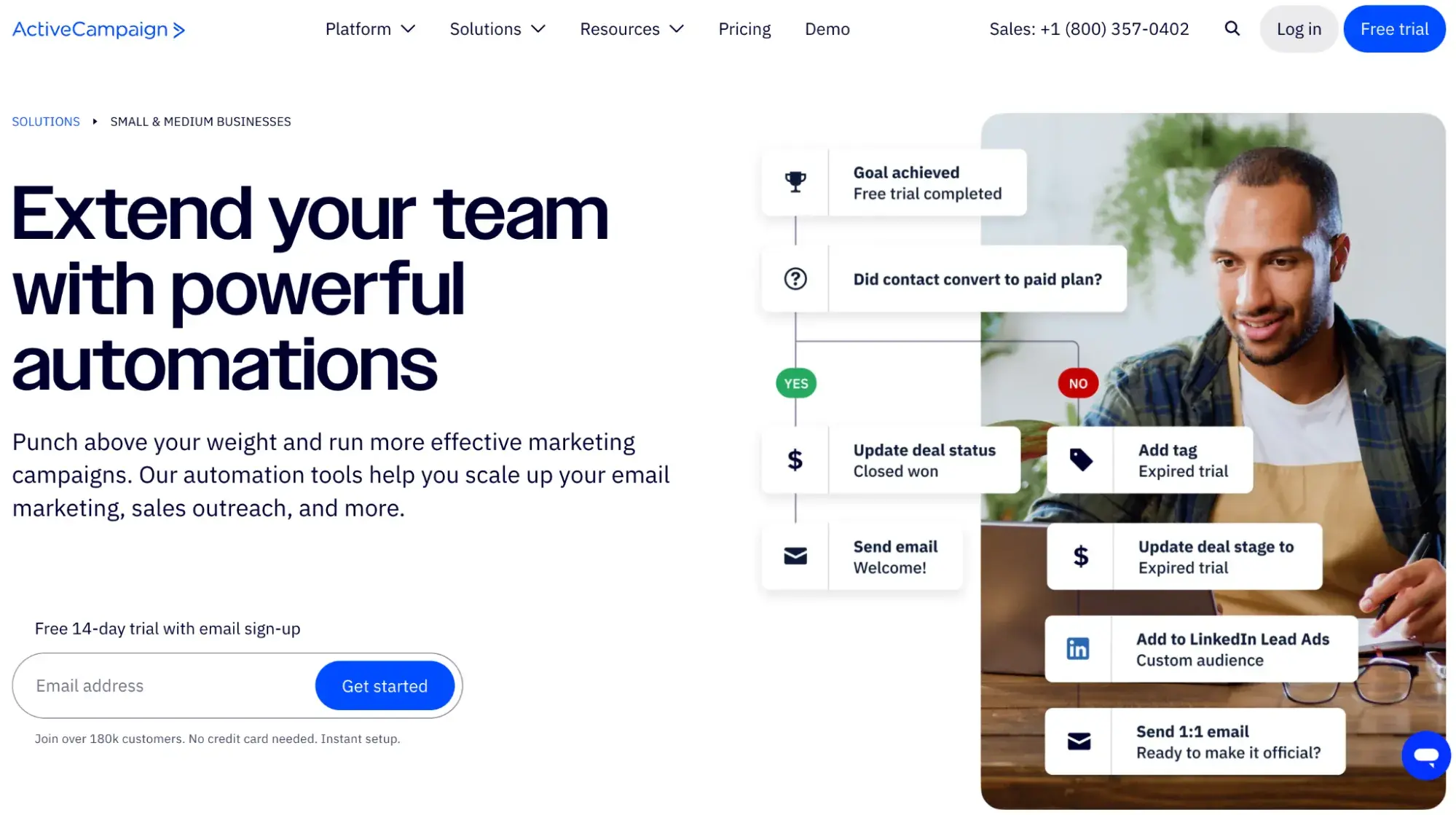 contact management system example: screenshot of activecampaign's landing page