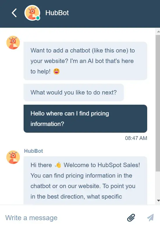 screenshot of hubspot’s chatbot to demonstrate the chatbot as a type of ai agent.