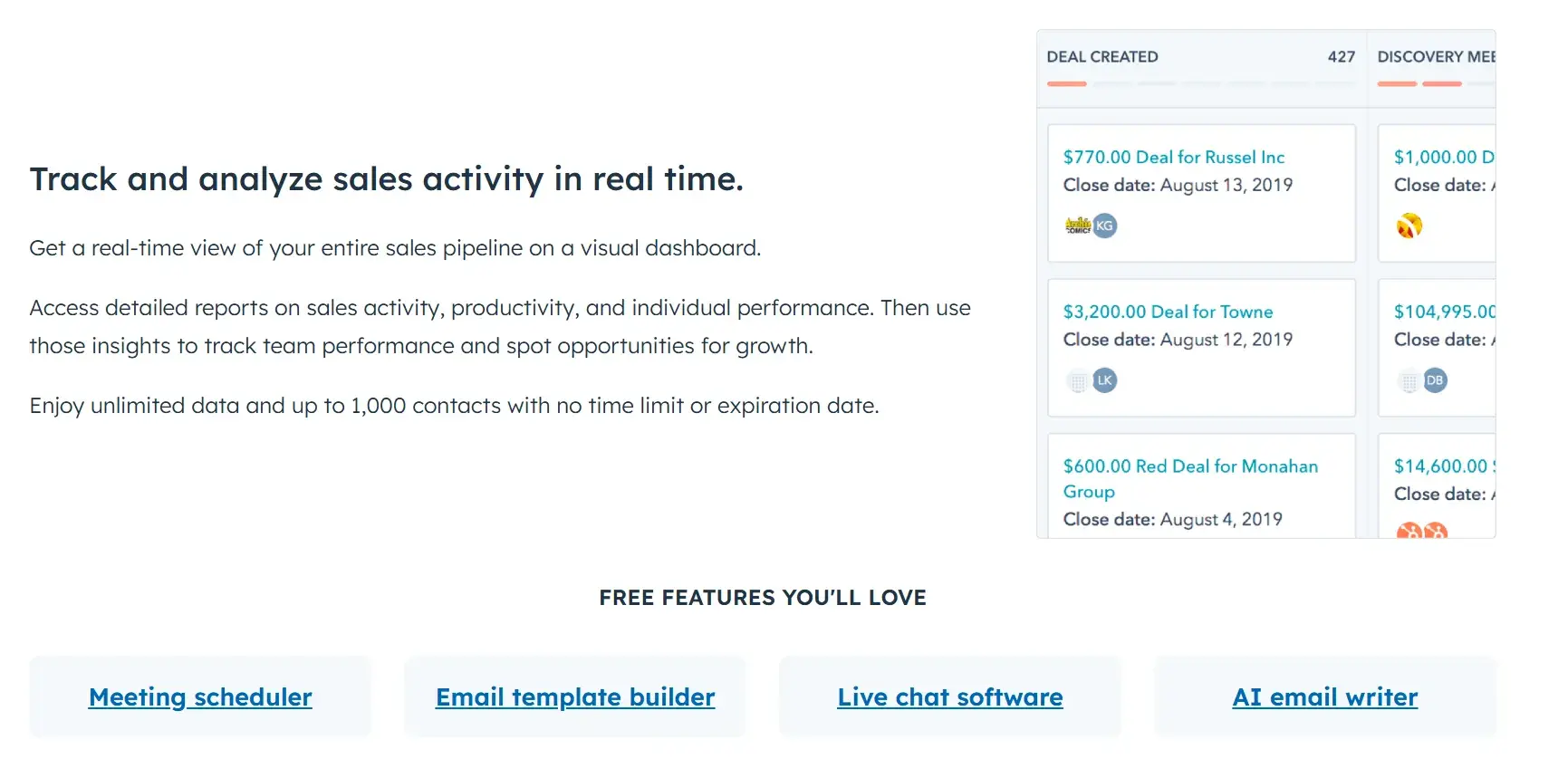 screenshot from hubspot’s crm shows text reading, “use those insights to track performance and spot opportunities for growth”