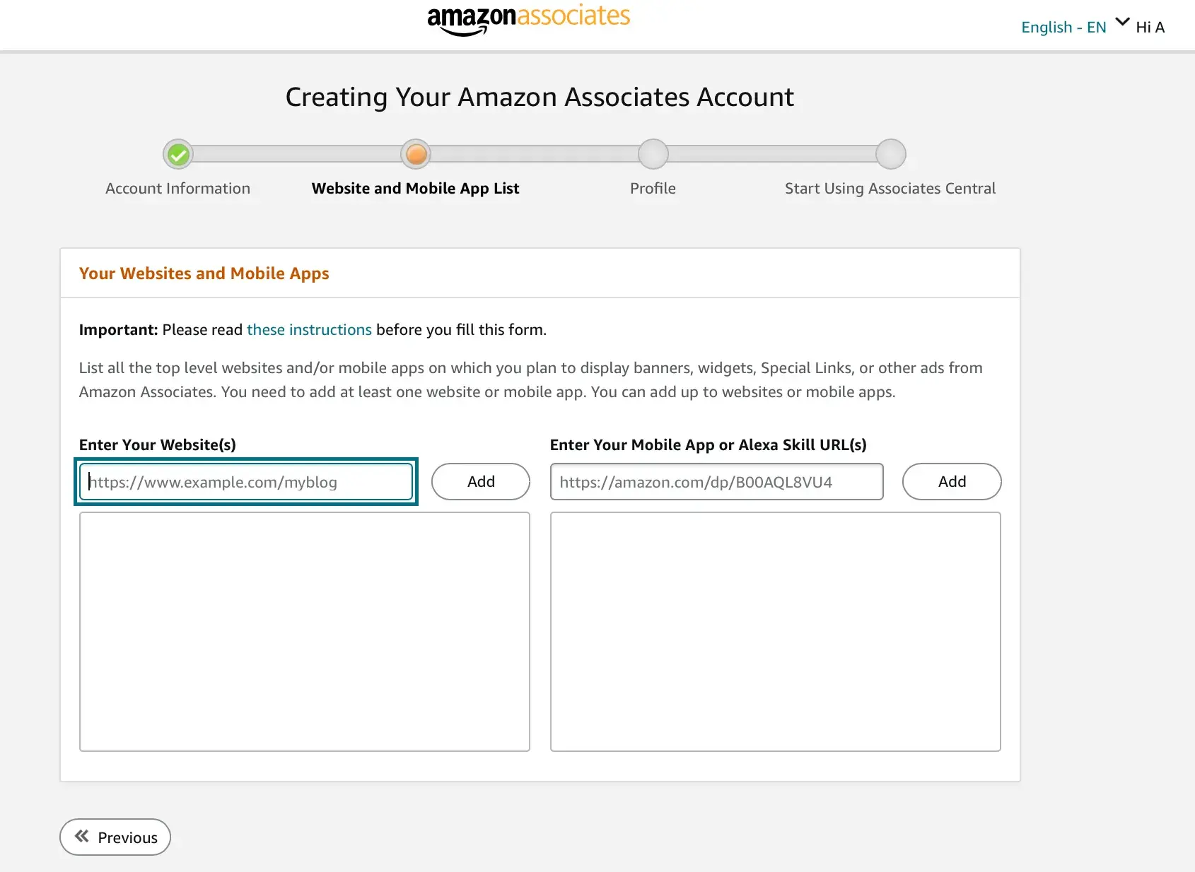 tab to enter your website address, how to become an amazon affiliate