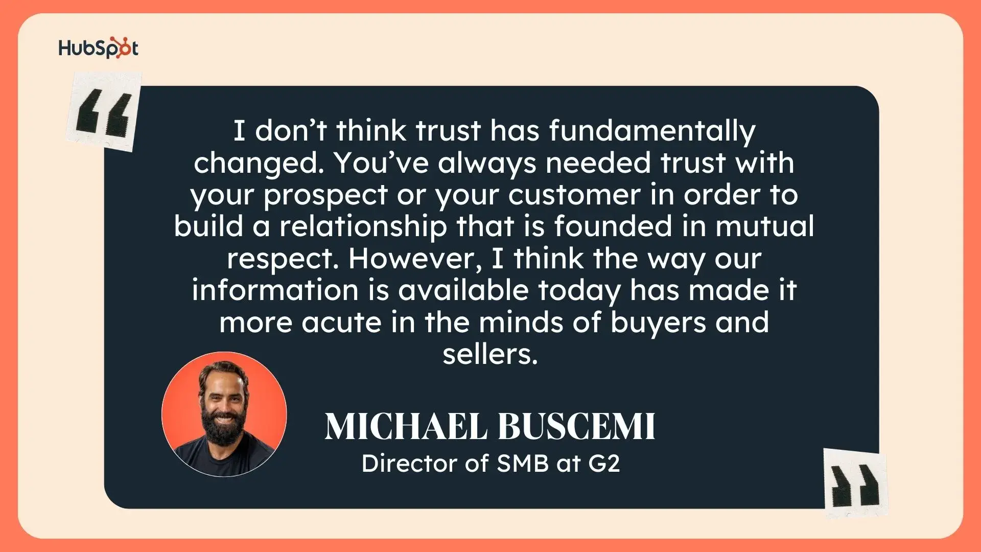 a hubspot-branded graphic of a quote from michael buscemi director of SMB at G2