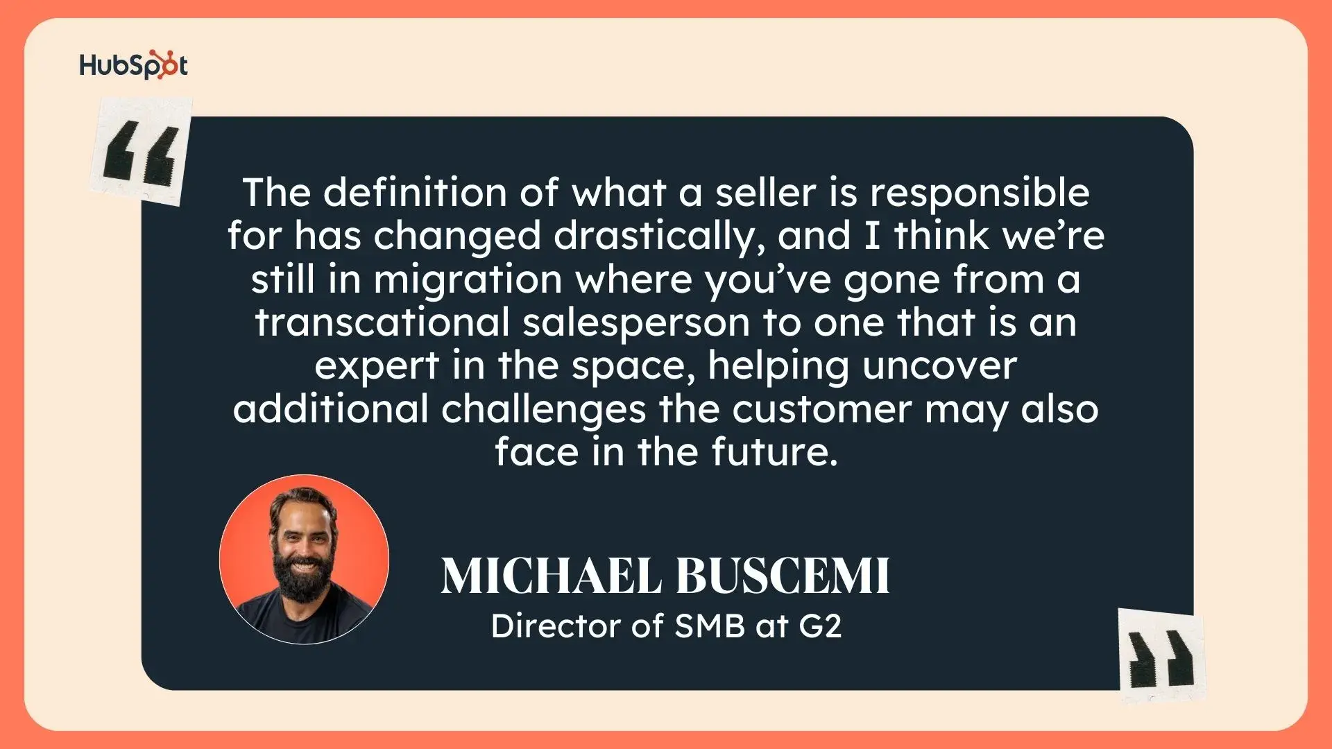 a hubspot-branded graphic of a quote from michael buscemi director of SMB at G2
