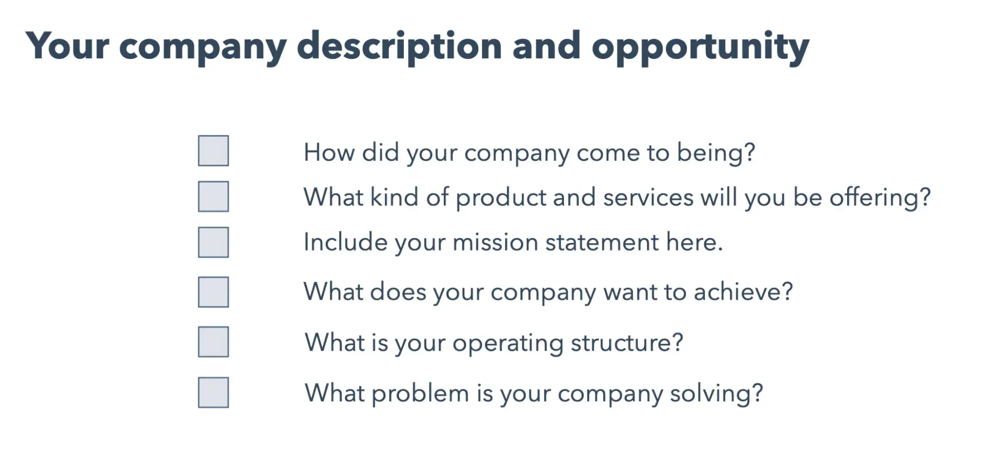 company summary section checklist, ecommerce business plan components