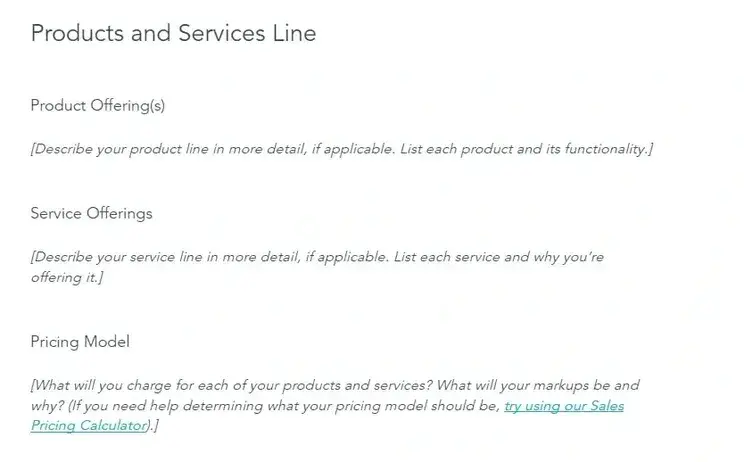 products and services line, ecommerce business plan template