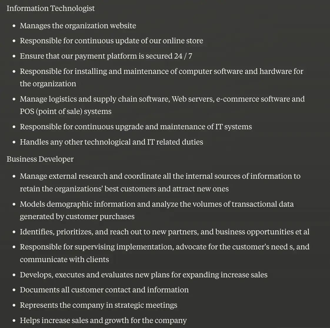 job role and responsibilities sample, ecommerce business plan
