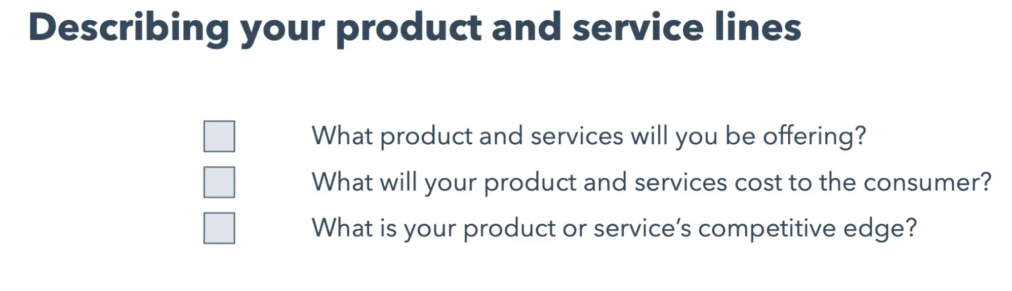 product and services offered section checklist, ecommerce business plan components