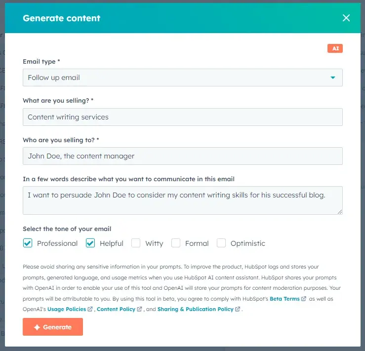 screenshot shows the exact prompts i used for hubspot’s generative ai.
