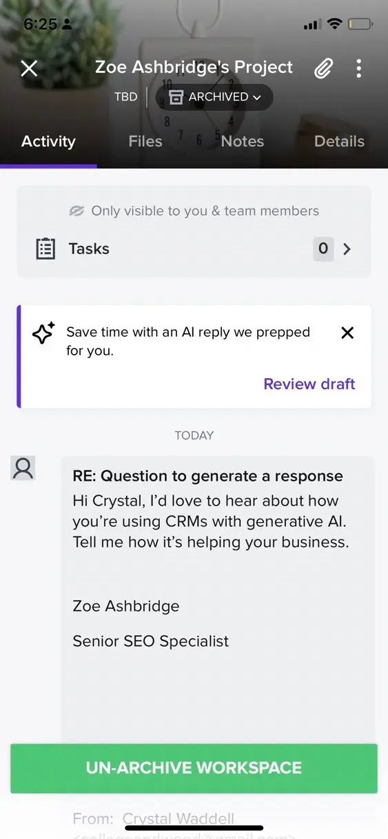 screenshot from honeybook, a generative ai crm. screenshot shows our generative ai tests in action. my message is pictured within the generative ai crm app.