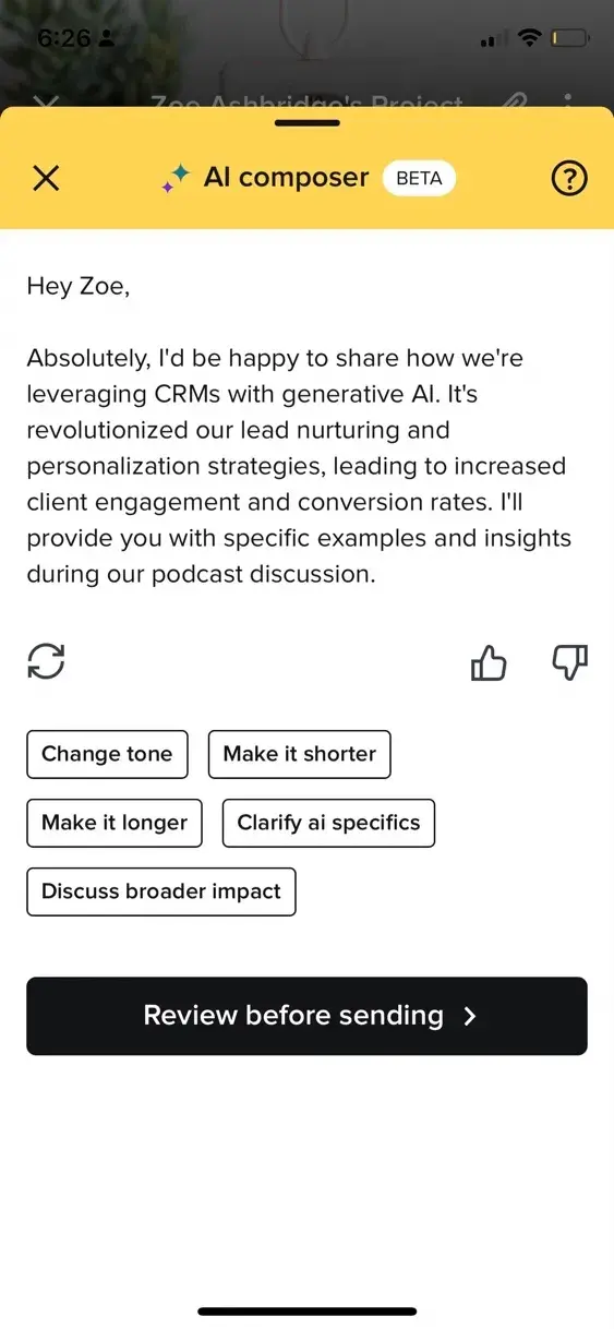 screenshot of the final result showing next steps the user can take including change tone, make it shorter, and discuss broader impact.