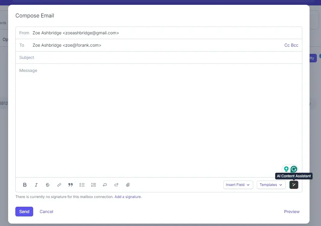 screenshot of capsule crm, a generative ai crm, shows where a user can find casule’s ai content assistant.