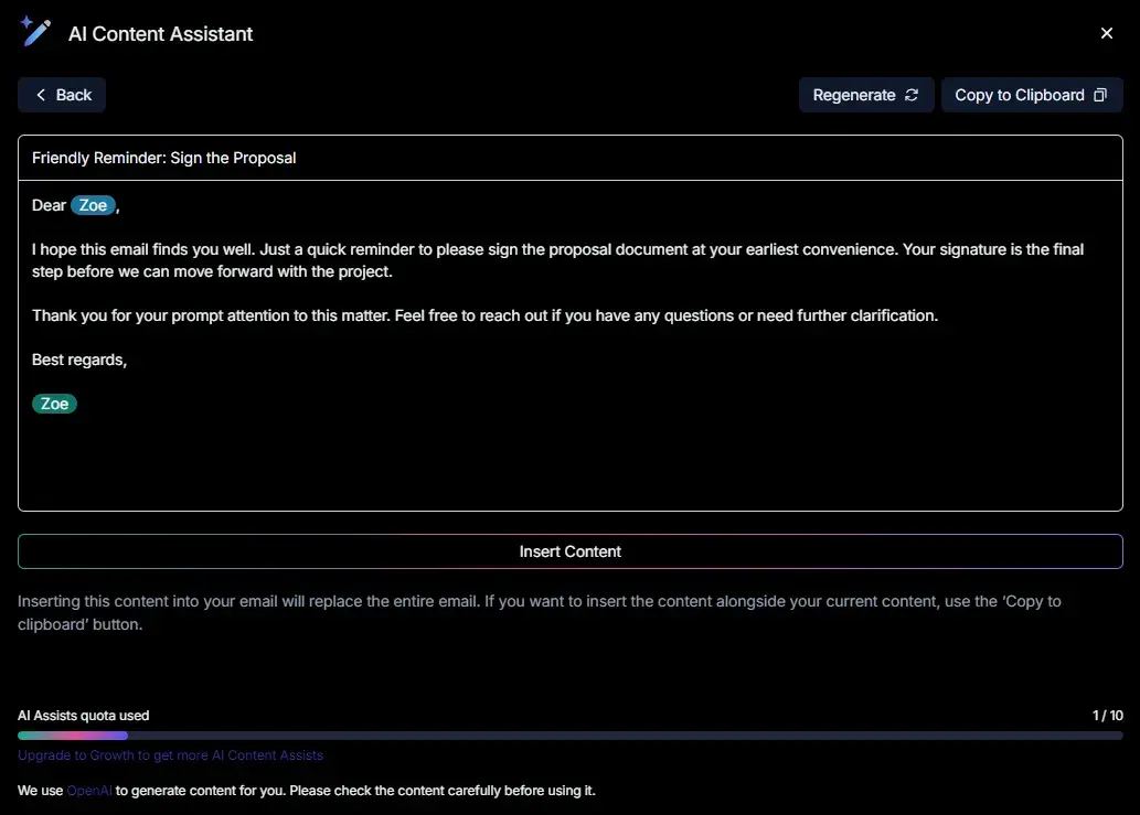 screenshot shows the output from capsule crm’s generative ai.