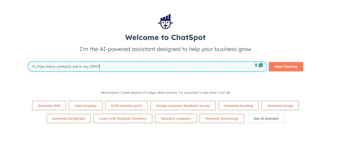 screenshot shows chatspot’s first page. i have tested the generative ai which is part of hubspot’s crm by asking it how many contacts are in my crm.
