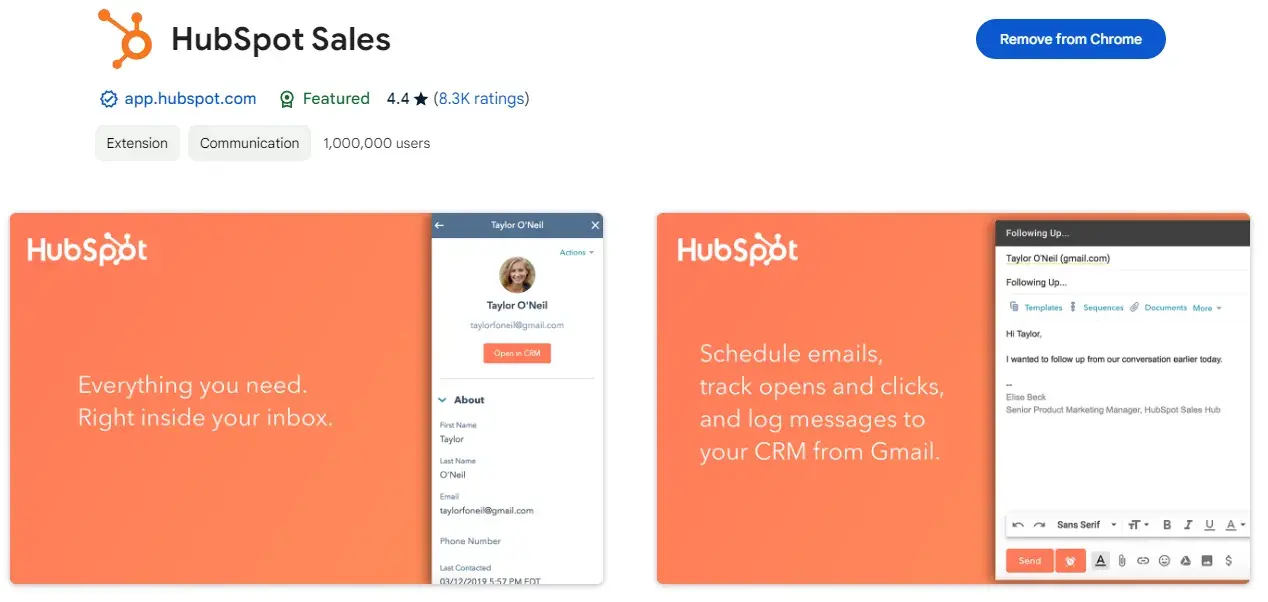 screenshot of hubspot’s chrome extension. the screenshot shows that i am actively using the extension, and it also shows hubspot sales’ impressive reviews, which have a score of 4.4 out of 8,300 ratings.
