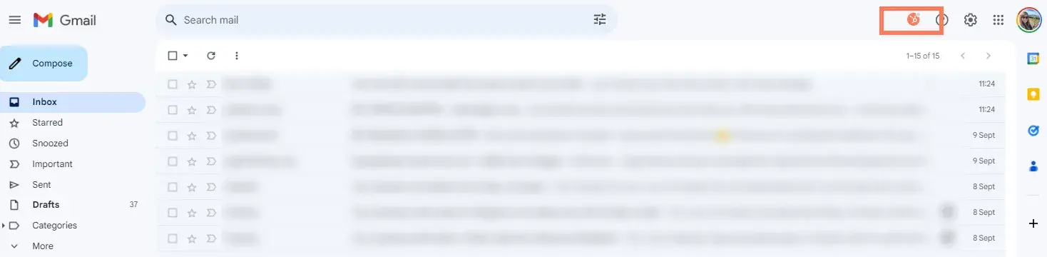 screenshot of my gmail email inbox with the hubspot chrome extension installed.