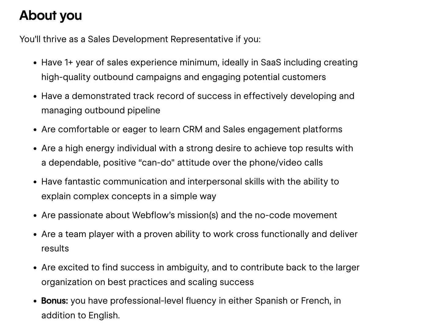 a screenshot of a sales development representative job listing posted by webflow