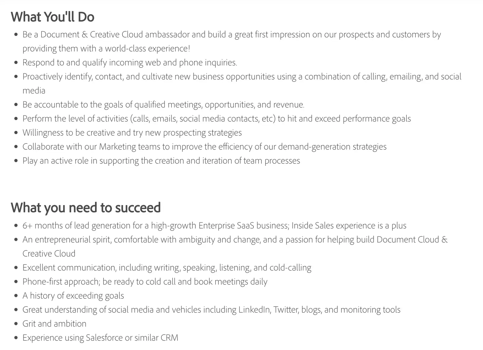  a screenshot of a business development representative job listing posted by adobe