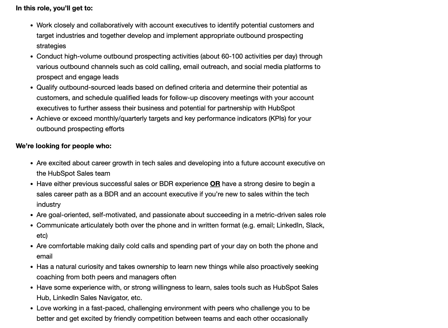  a screenshot of an outbound business development representative job listing posted by hubspot