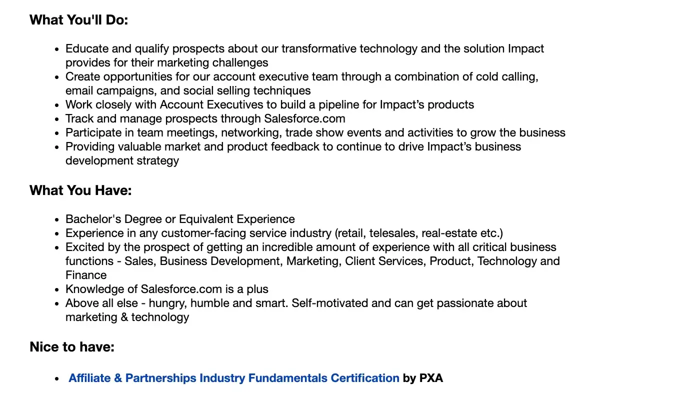 a screenshot of a business development representative job listing posted by impact.com