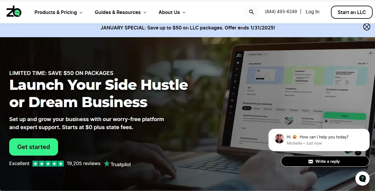 image showing the zenbusiness homepage