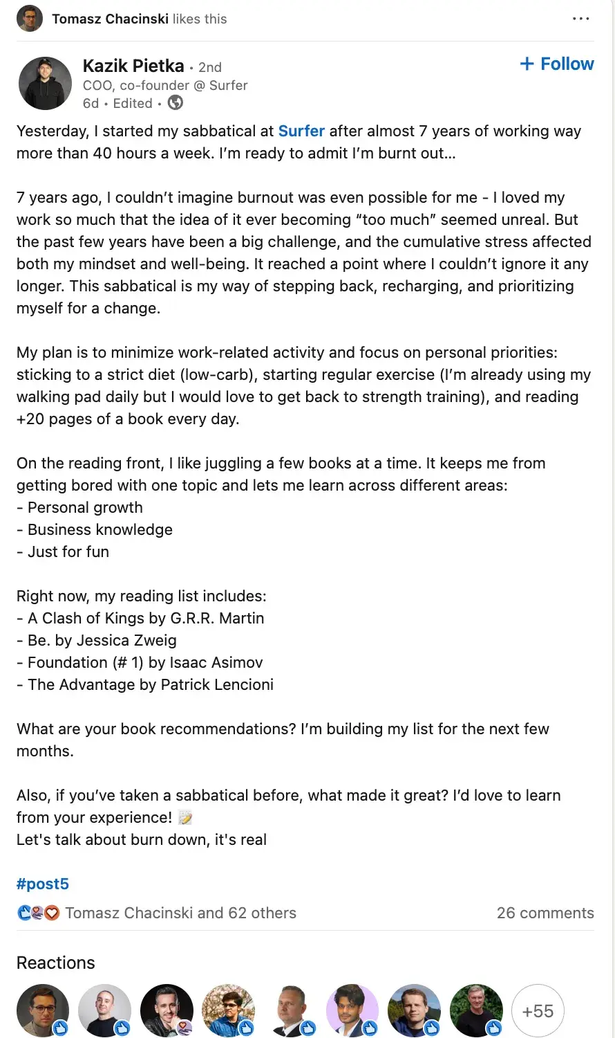 partnership business; a post from kazik pietka, surfer’s founder announcing a sabbatical