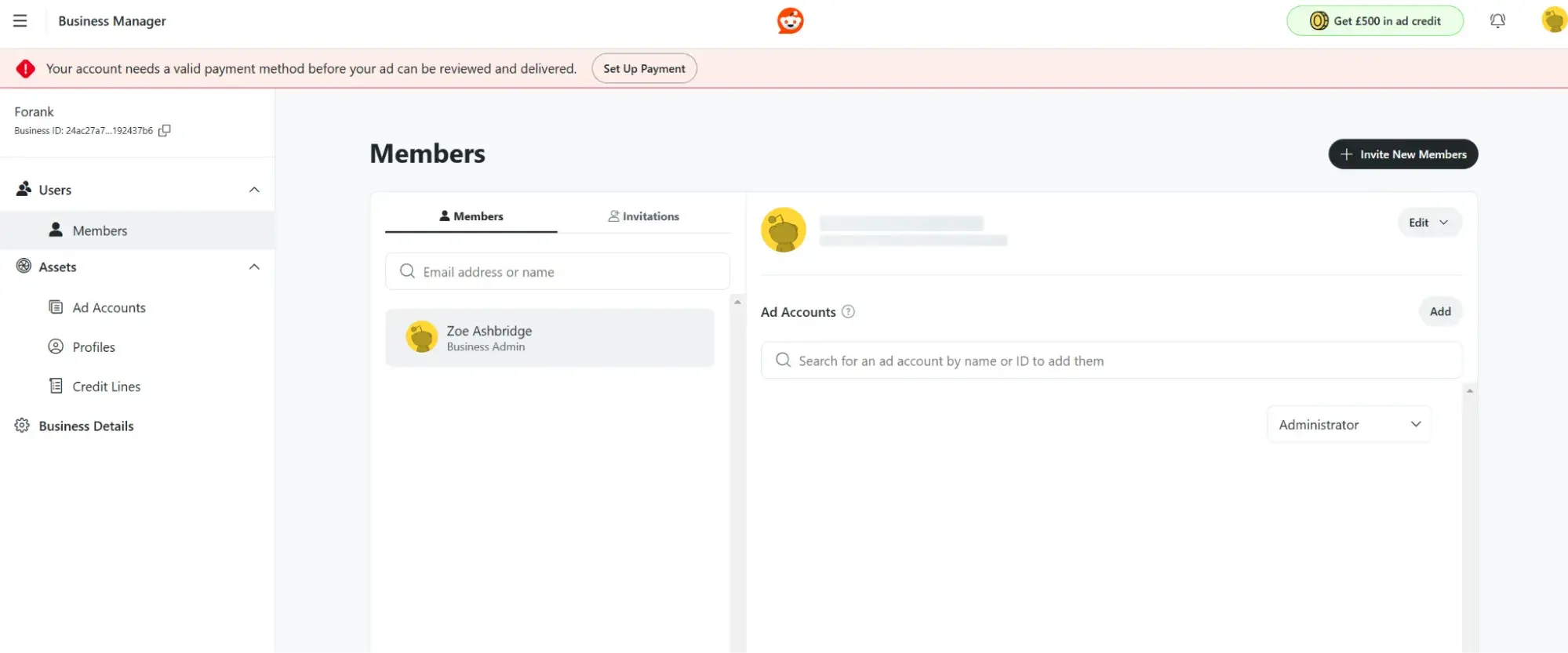 screenshot of reddit advertising member dashboard