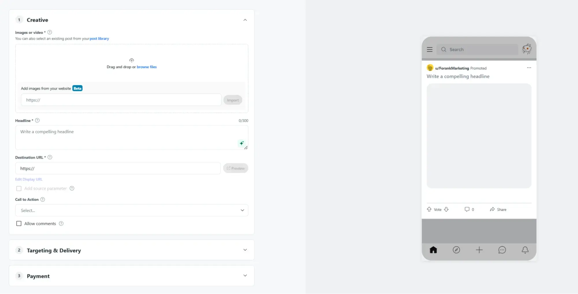 reddit advertising step six: screenshot from reddit ads shows the options for setting up a reddit advertising campaign including creatives, headlines, etc.