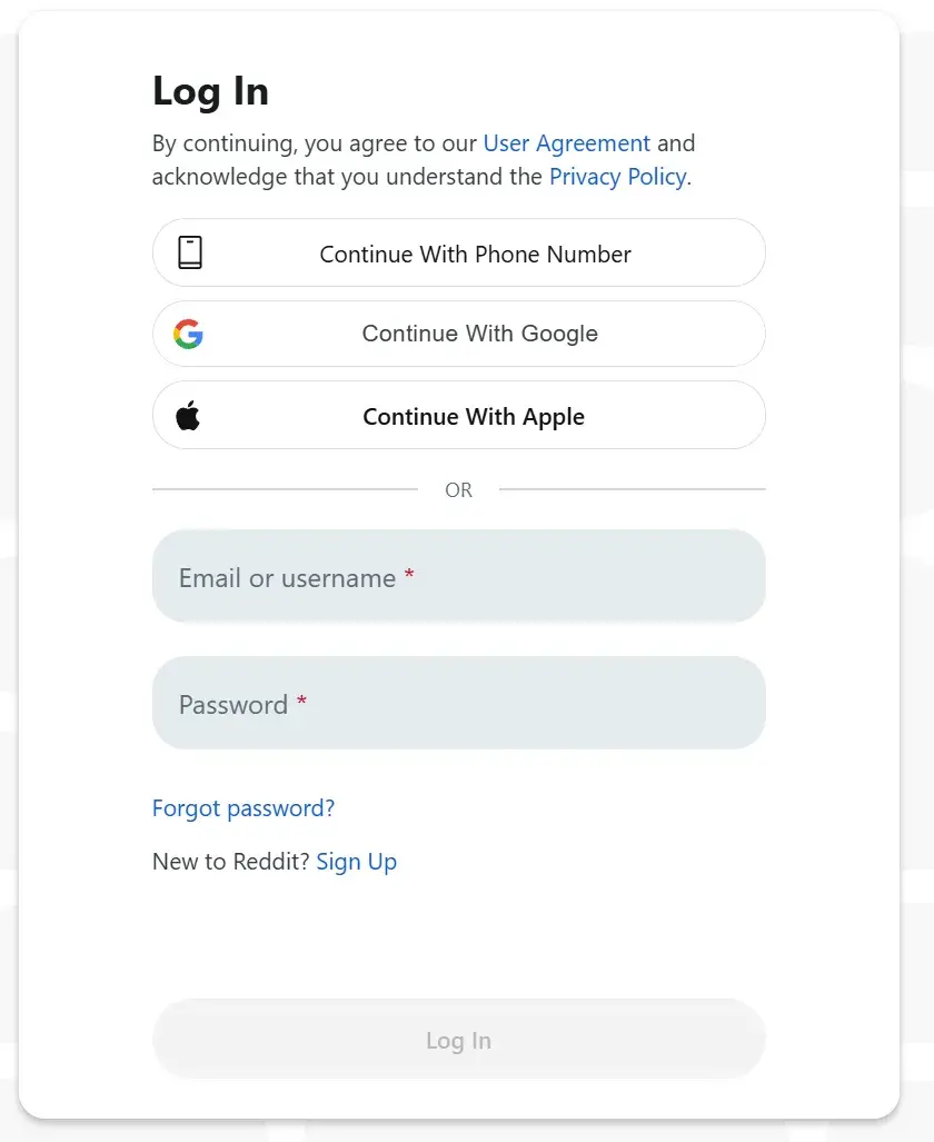 how to advertise on reddit step one: a screenshot of reddit’s login page, the start point for advertisers.