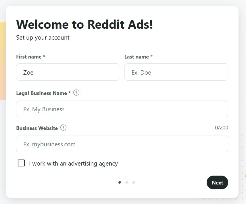 reddit advertising step two: screenshot from reddit’s advertising set up shows how advertisers will set up their account,