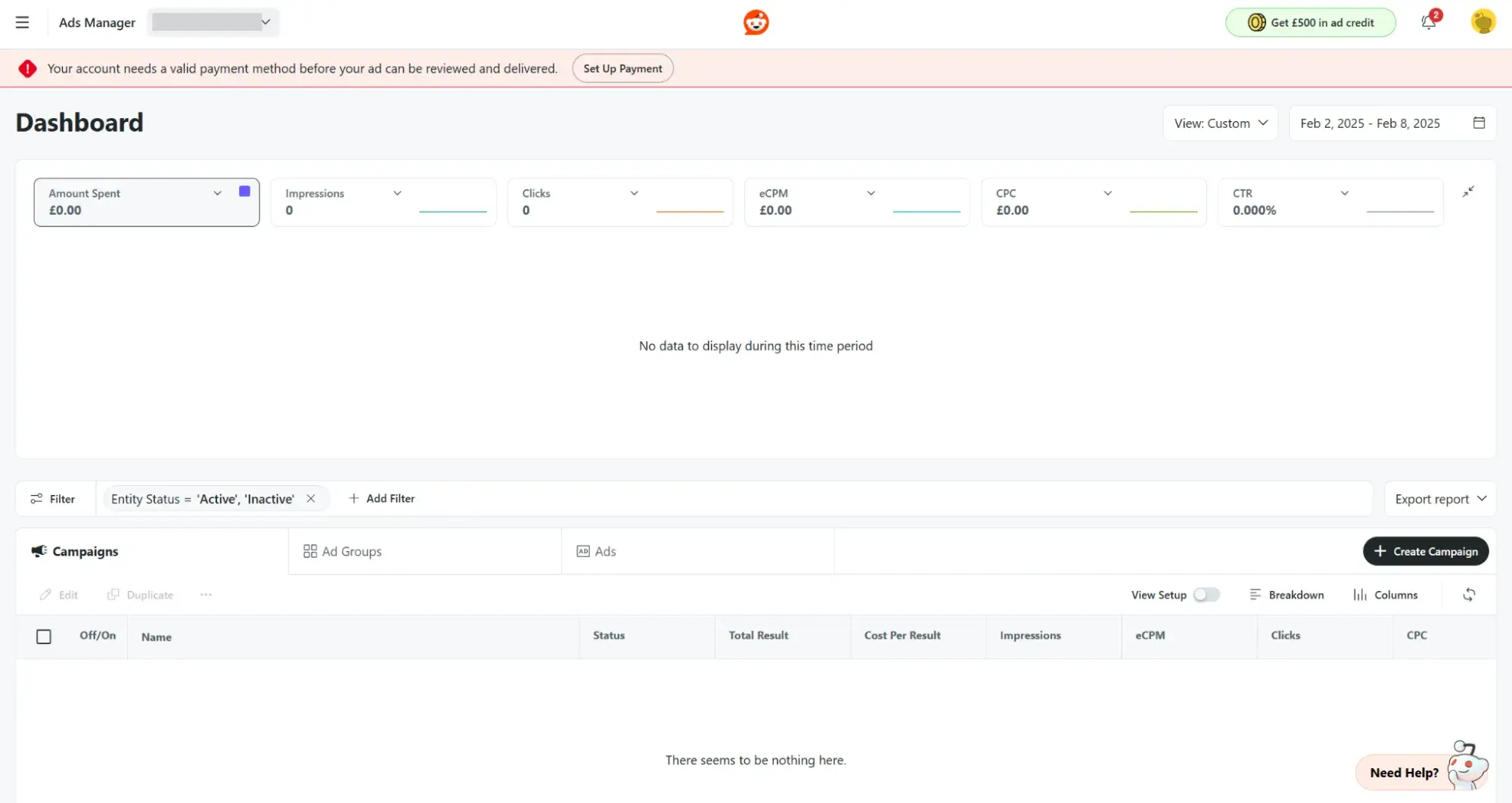 reddit advertising: screenshot of the reddit advertising dashboard.