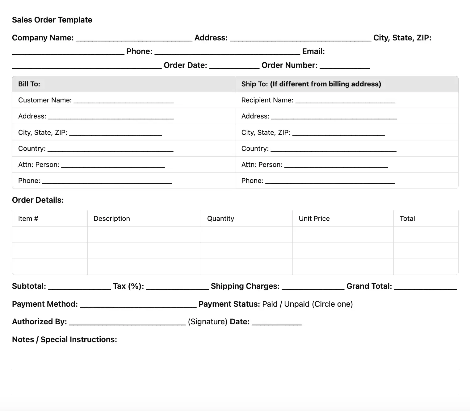 sales order example sample template