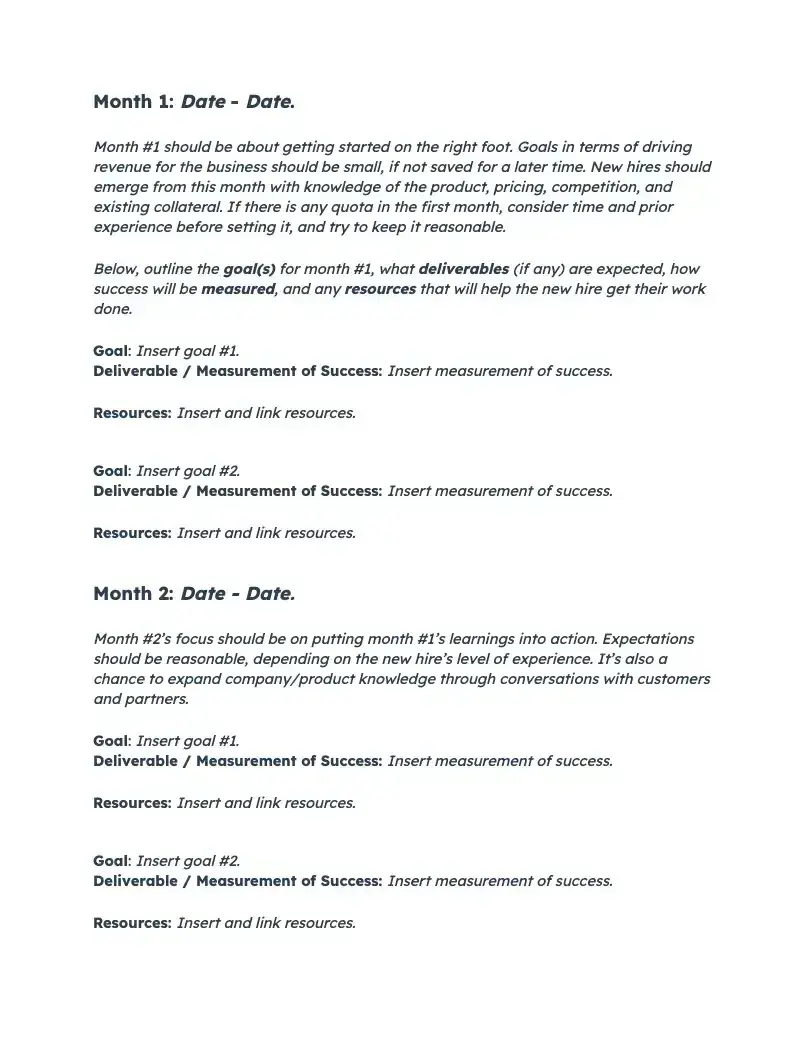  a screenshot of a 30-60-90 template from hubspot’s sales planning template offer