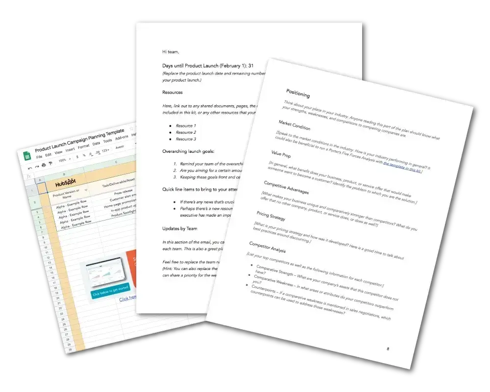 a screenshot of some pages of templates from hubspot’s product launch kit