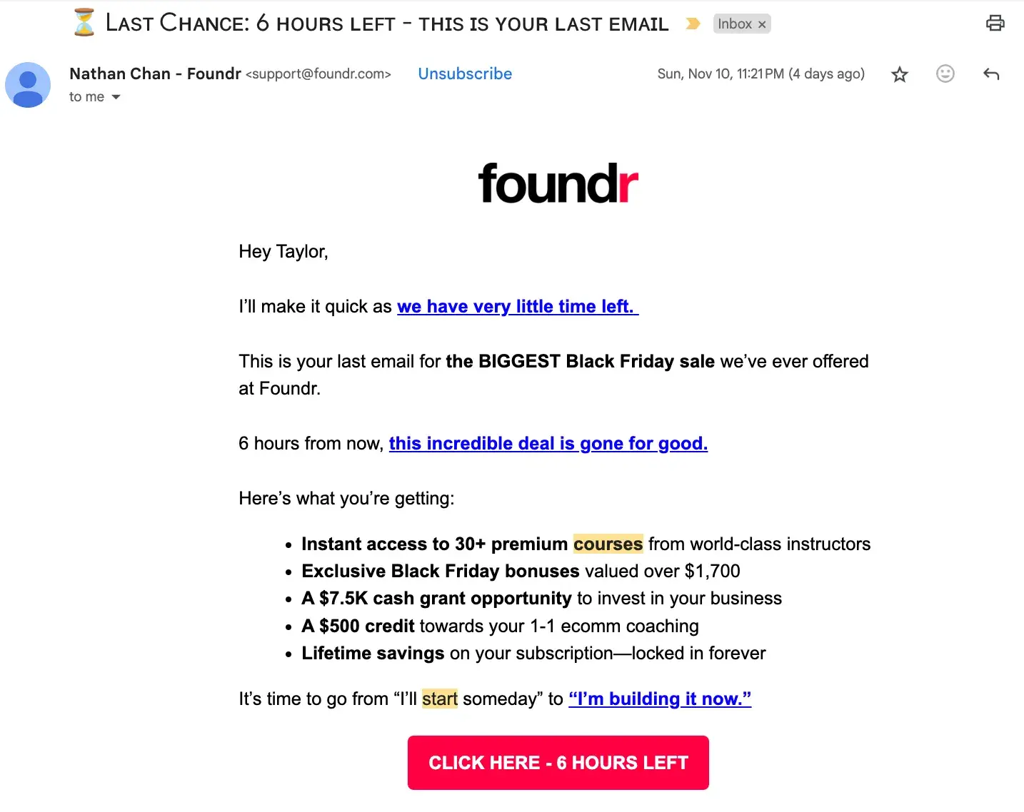 example of limited time offer from foundr