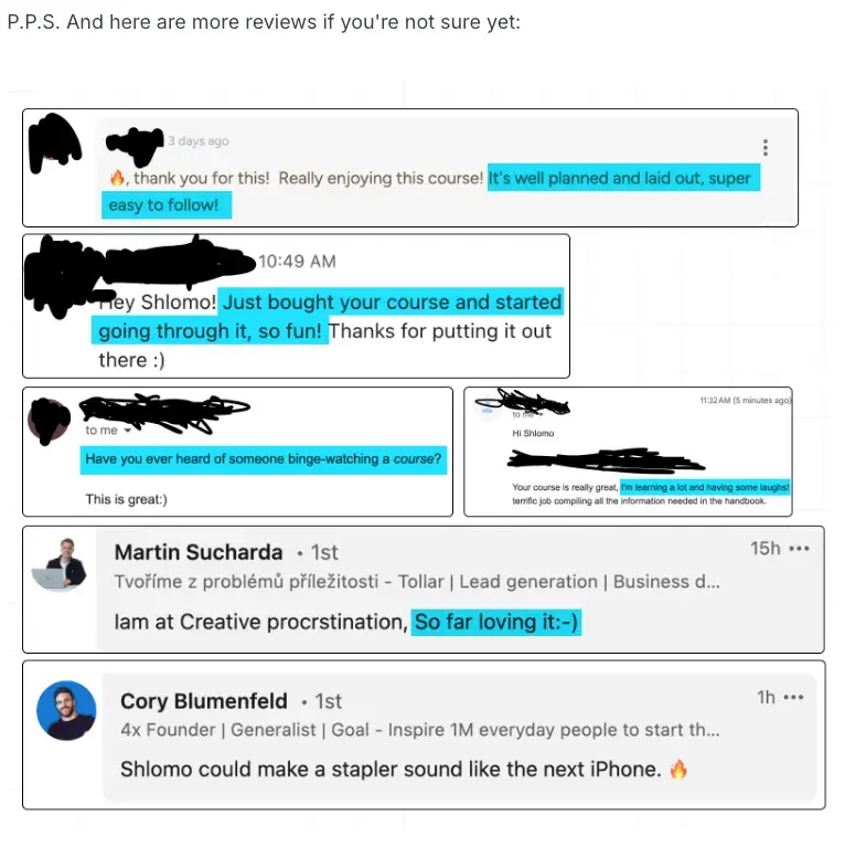 example of using social proof and testimonials to sell your course