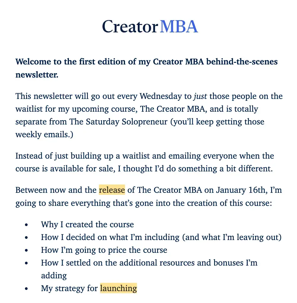 example of pre-launch content series from justin welsh