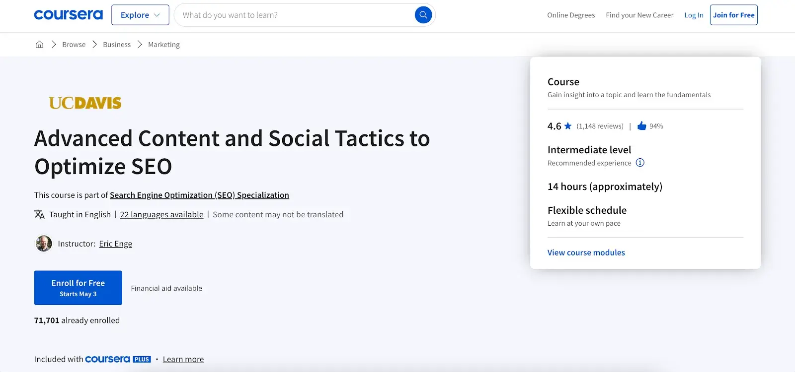best social media marketing courses, advanced content and social tactics to optimize seo by the university of california, davis