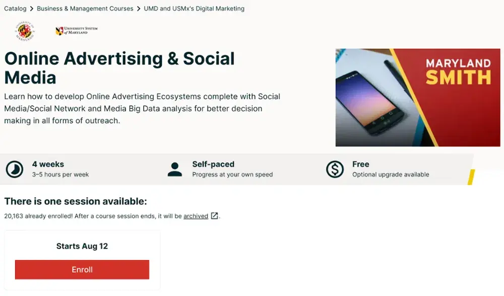 best social media marketing courses, online advertising & social media by the university of maryland