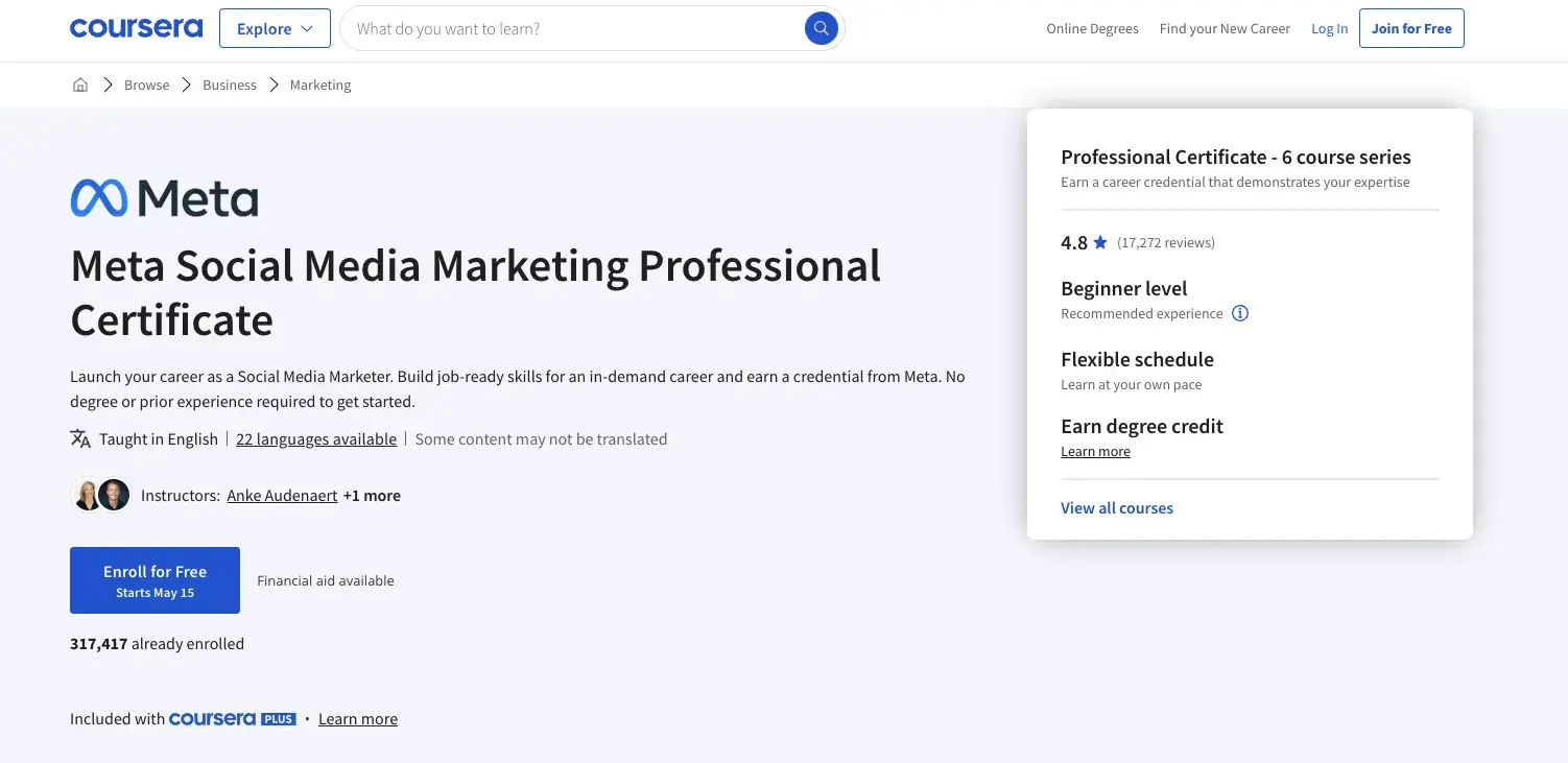 best social media marketing courses, social media marketing professional certificate by meta