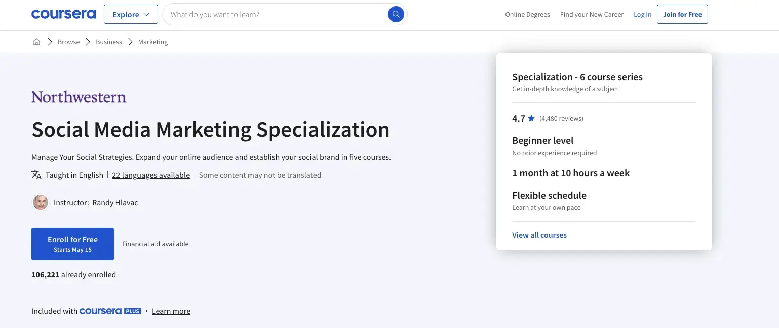 best social media marketing courses, social media specialization by northwestern university