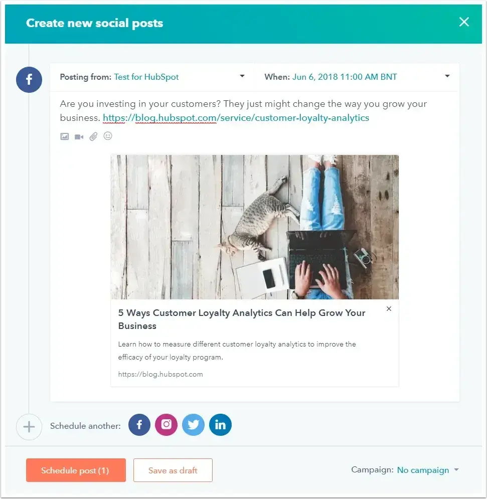 screenshot showing what it looks like to schedule a social media post using hubspot’s tools