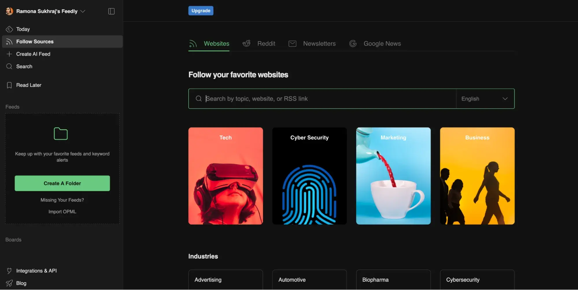 screenshot showing what it looks like to set up a thread in feedly