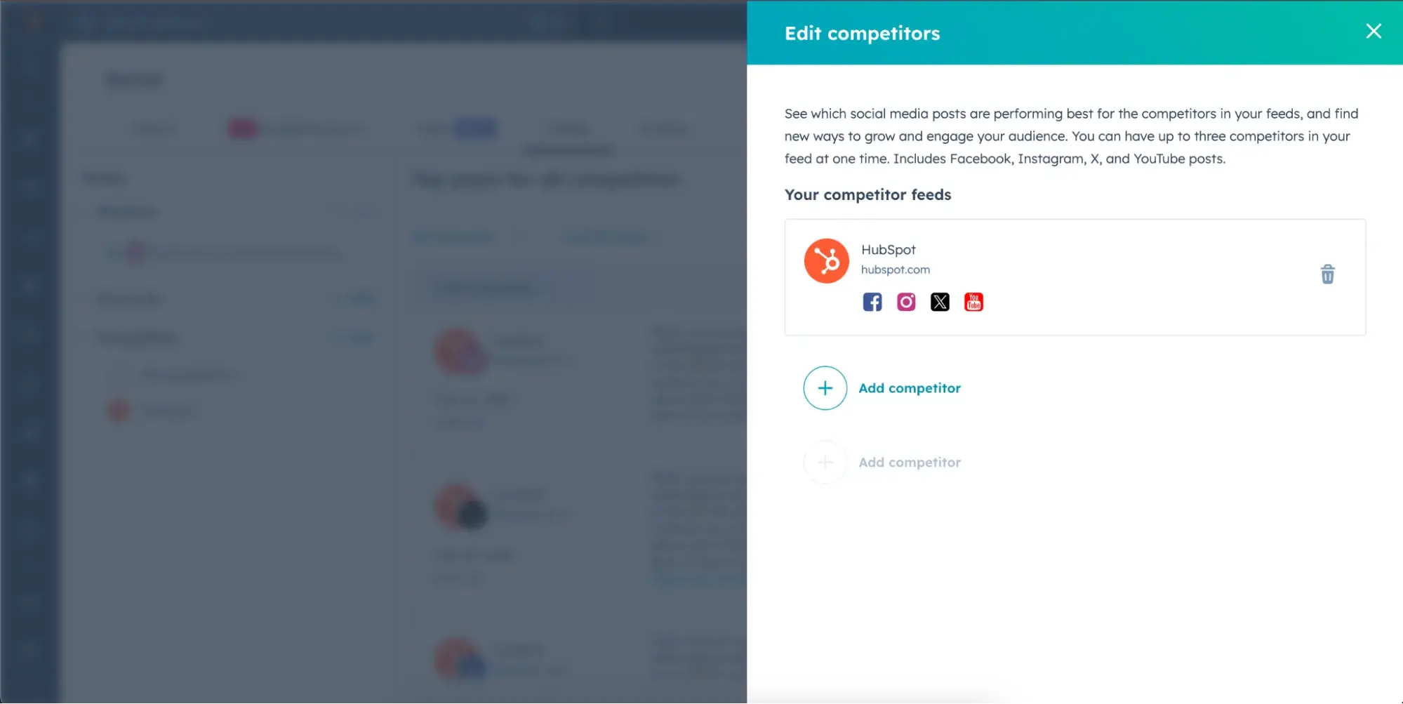 screenshot showing how to add a competitor feed in hubspot’s social media management tool