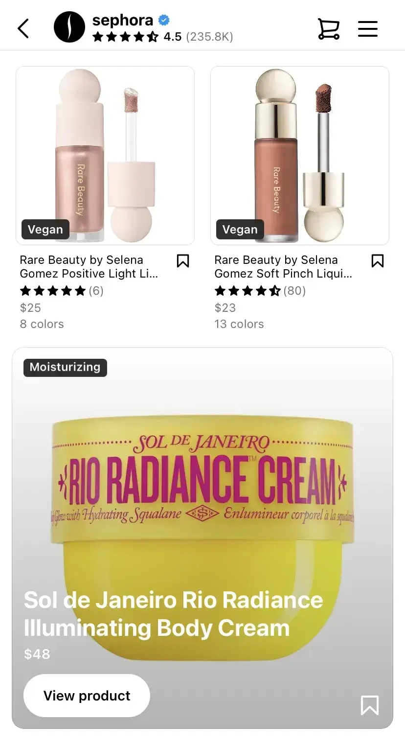 sephora’s ig account with in-app shopping links