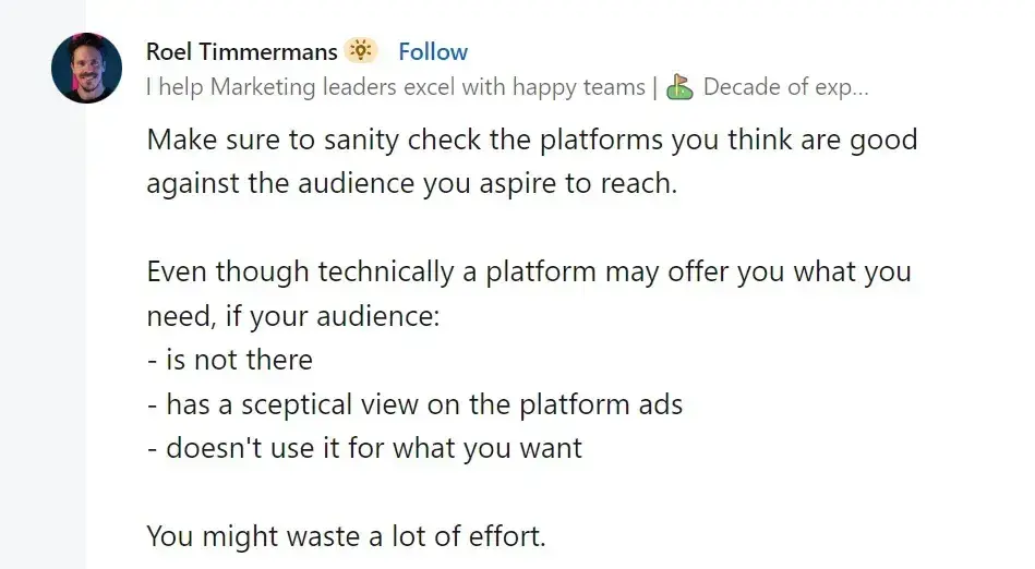 linkedin post from roel timmermans on choosing your social media platform for marketing