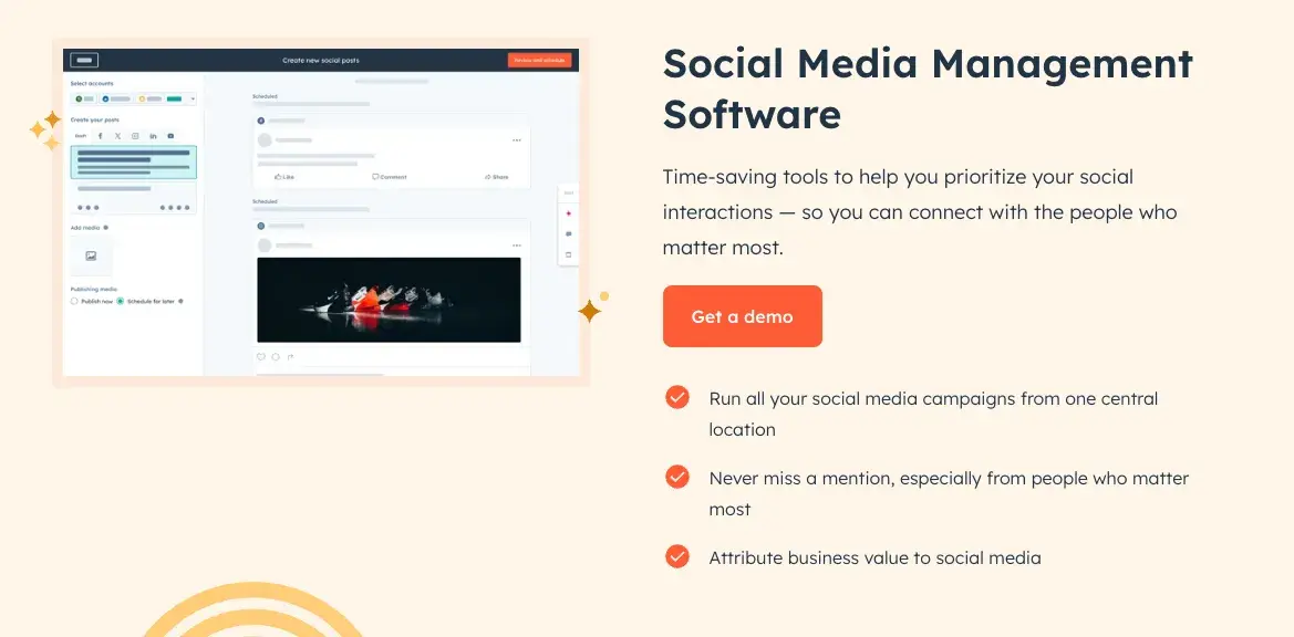 hubspot’s landing apge for its social media management tools