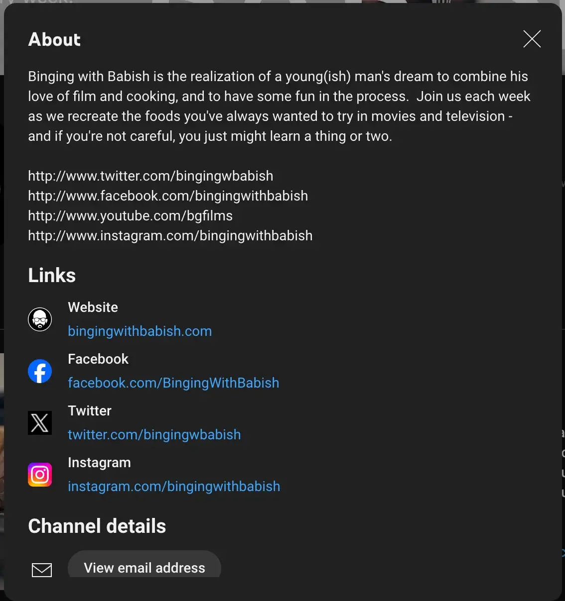 youtube description, binging with babish